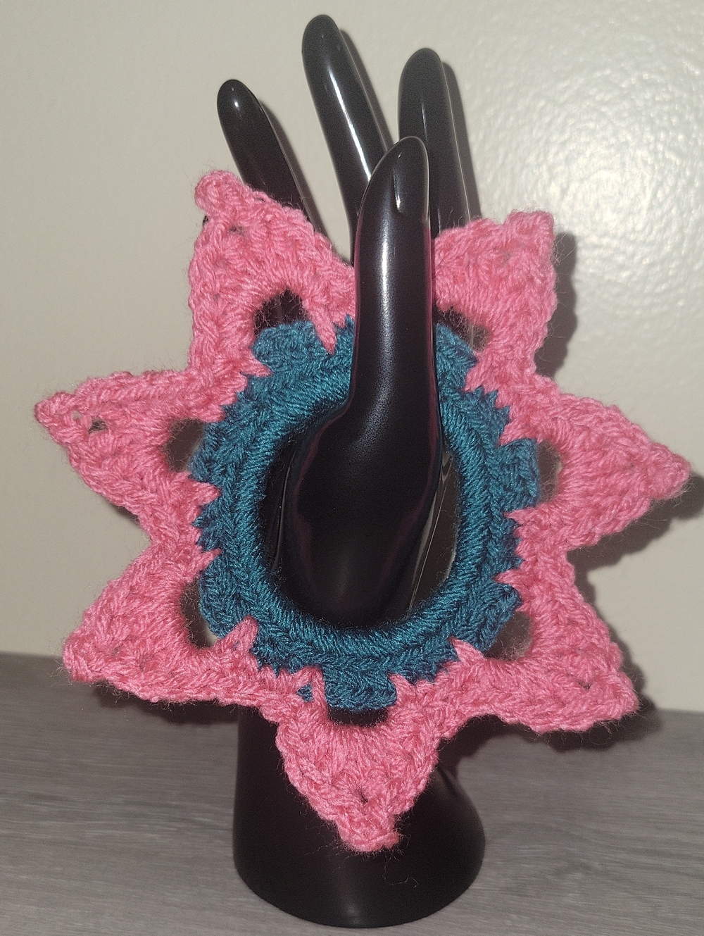 Handmade Crochet Star Flower Hair Accessory Scrunchie in Pink and Teal